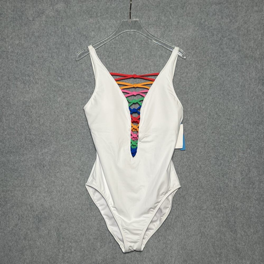 $109 NWT Bleu by Rod Beattie White Rainbow Lace Down One Piece Swimsuit 10